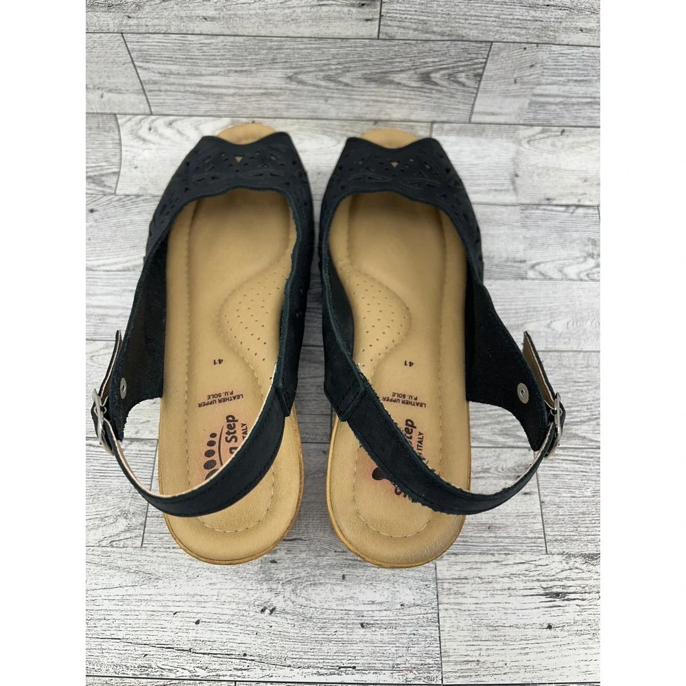 Spring Step Women Black Leather Perforated Slingback Wedge Sandals Size 41‎